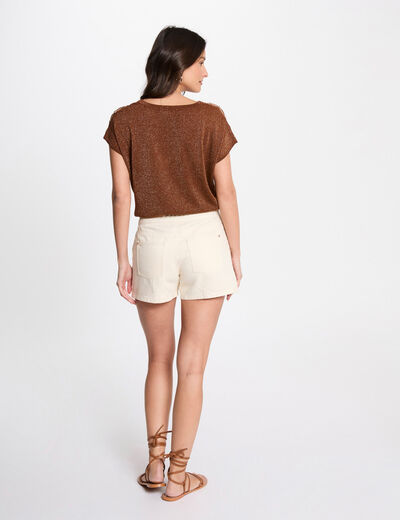 Jersey escote en V manga corta marrón coñac mujer