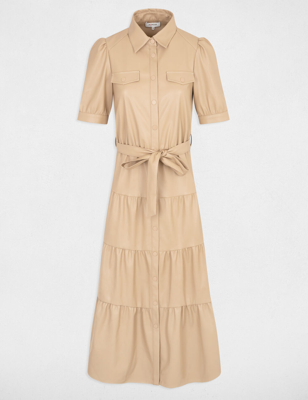 Vestido largo cuero sintético cámel mujer