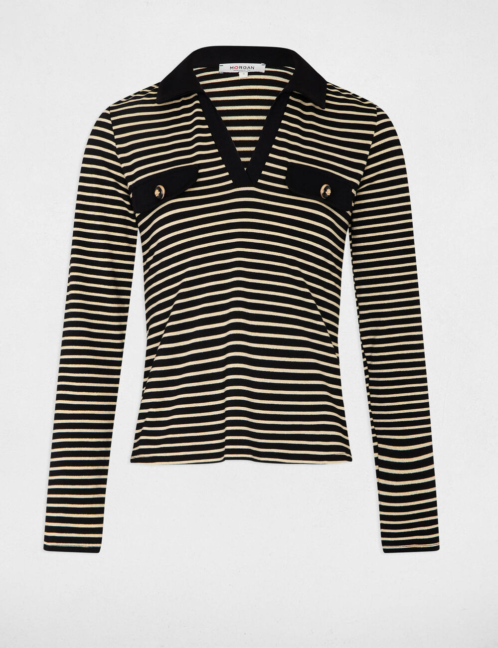Polo manga larga y rayas negro mujer