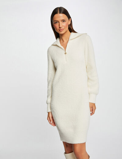 Vestido de punto cuello con cremallera marfil mujer