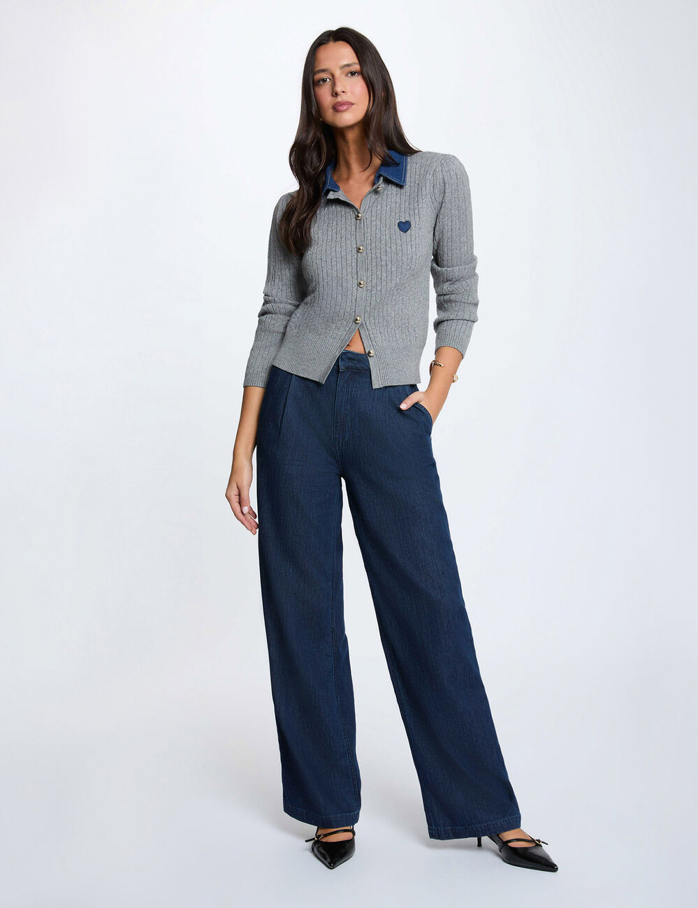 Jersey con cuello vuelto y botones gris claro mujer