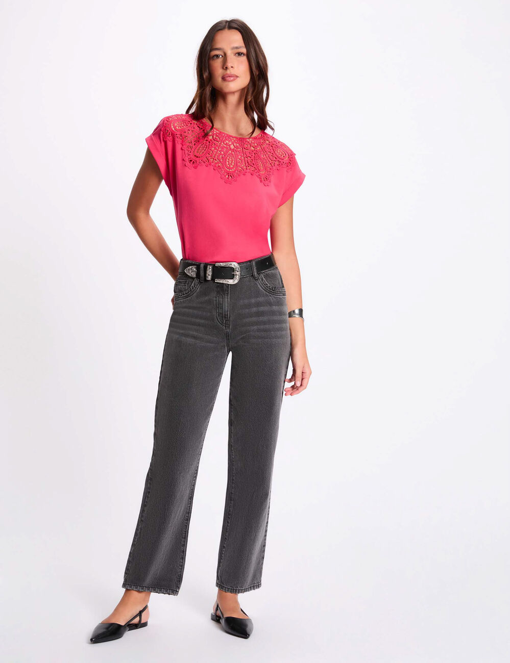 Camiseta manga corta rosado fucsia mujer