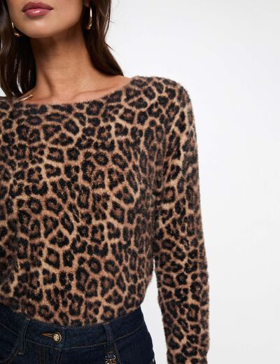 Jersey de cuello redondo leopardo beige mujer