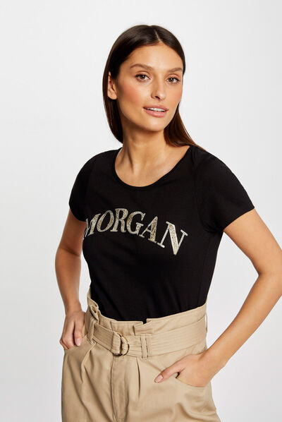 Camiseta de manga corta con mensaje negro mujer