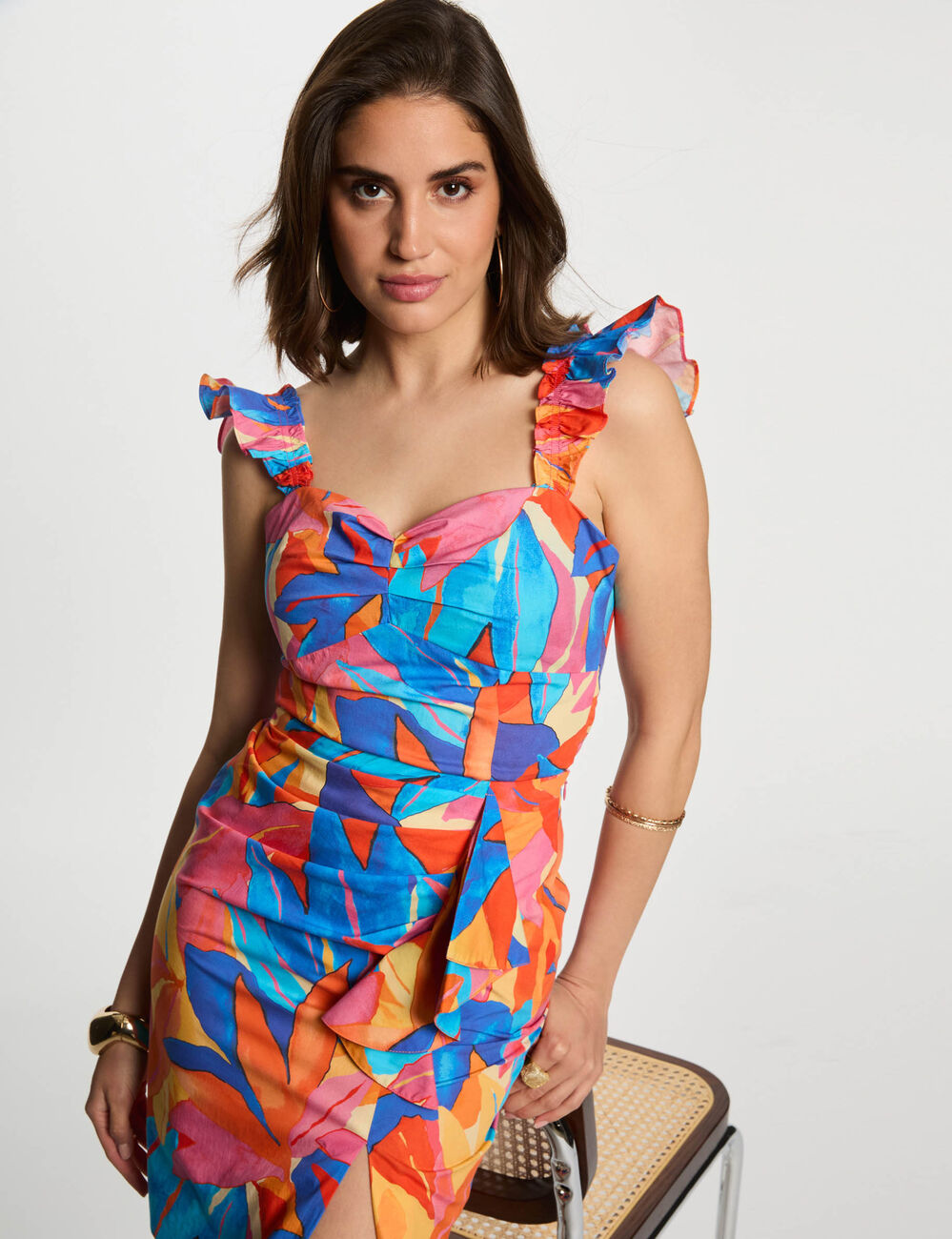 Top estampado volantes multicolor mujer