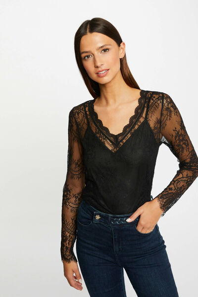 Camiseta manga larga con encaje negro mujer