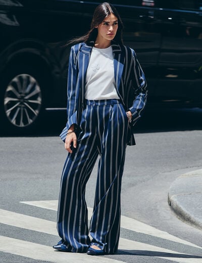 Pantal&oacute;n ancho de tiro alto azul marino mujer