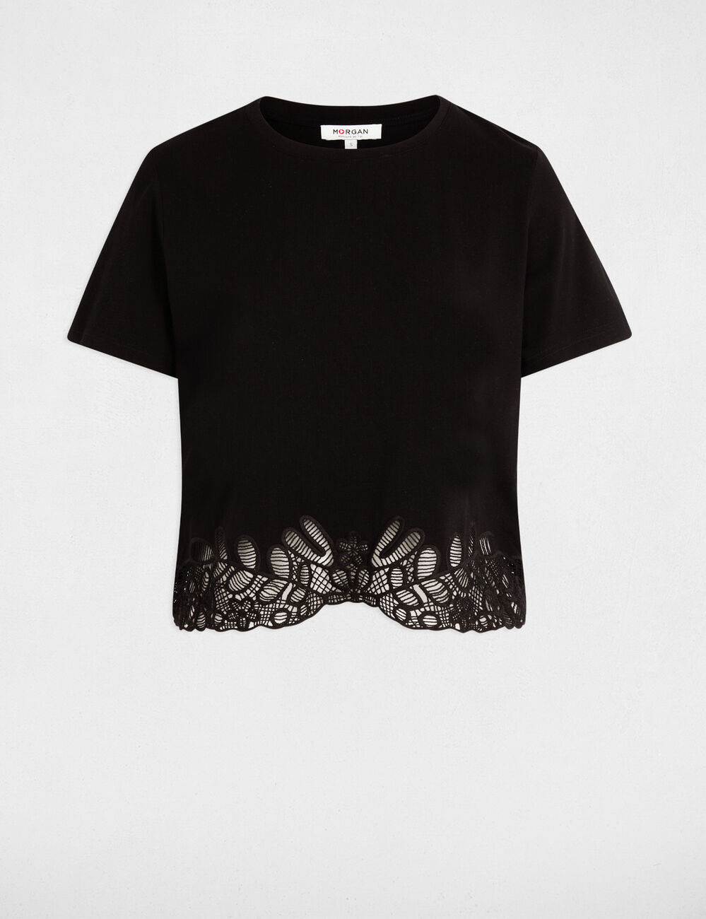 Camiseta bordada cuello redondo negro mujer
