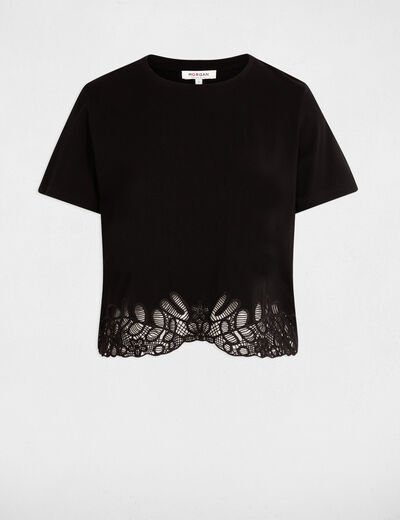 Camiseta bordada cuello redondo negro mujer
