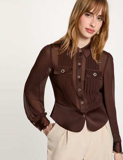 Camisa manga larga con pliegues marr&oacute;n oscuro mujer