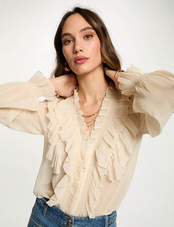 Camisa fluida con cuello en v creme mujer