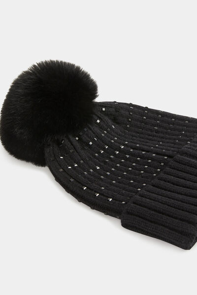Gorro con strass y pompón negro mujer