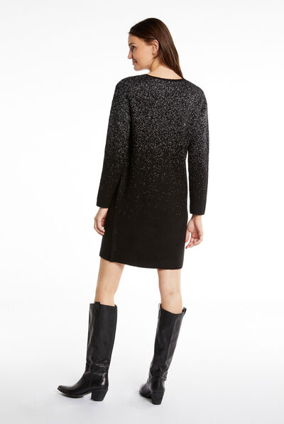 Vestido de punto recto hilos metalizados negro mujer