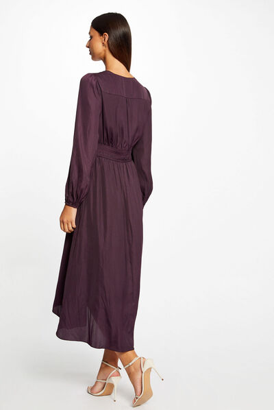 Vestido midi cruzado de satén ciruela mujer