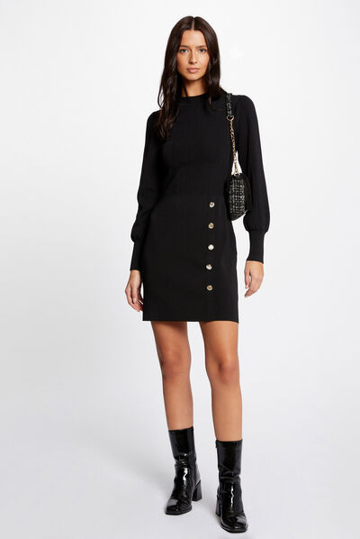 Vestido de punto ajustado con botones negro mujer