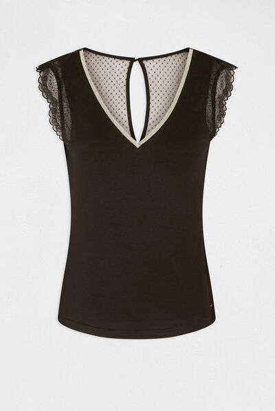 Camiseta manga corta con encaje negro mujer