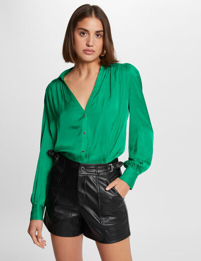 Camisa manga larga satinada verde mujer