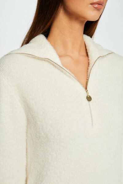 Vestido de punto cuello con cremallera marfil mujer