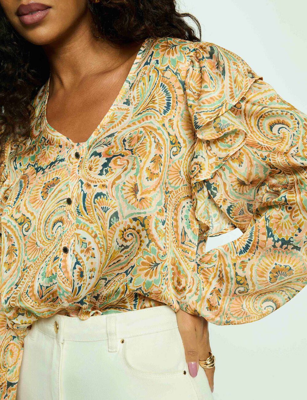 Camisa entallada cuello v multicolor mujer