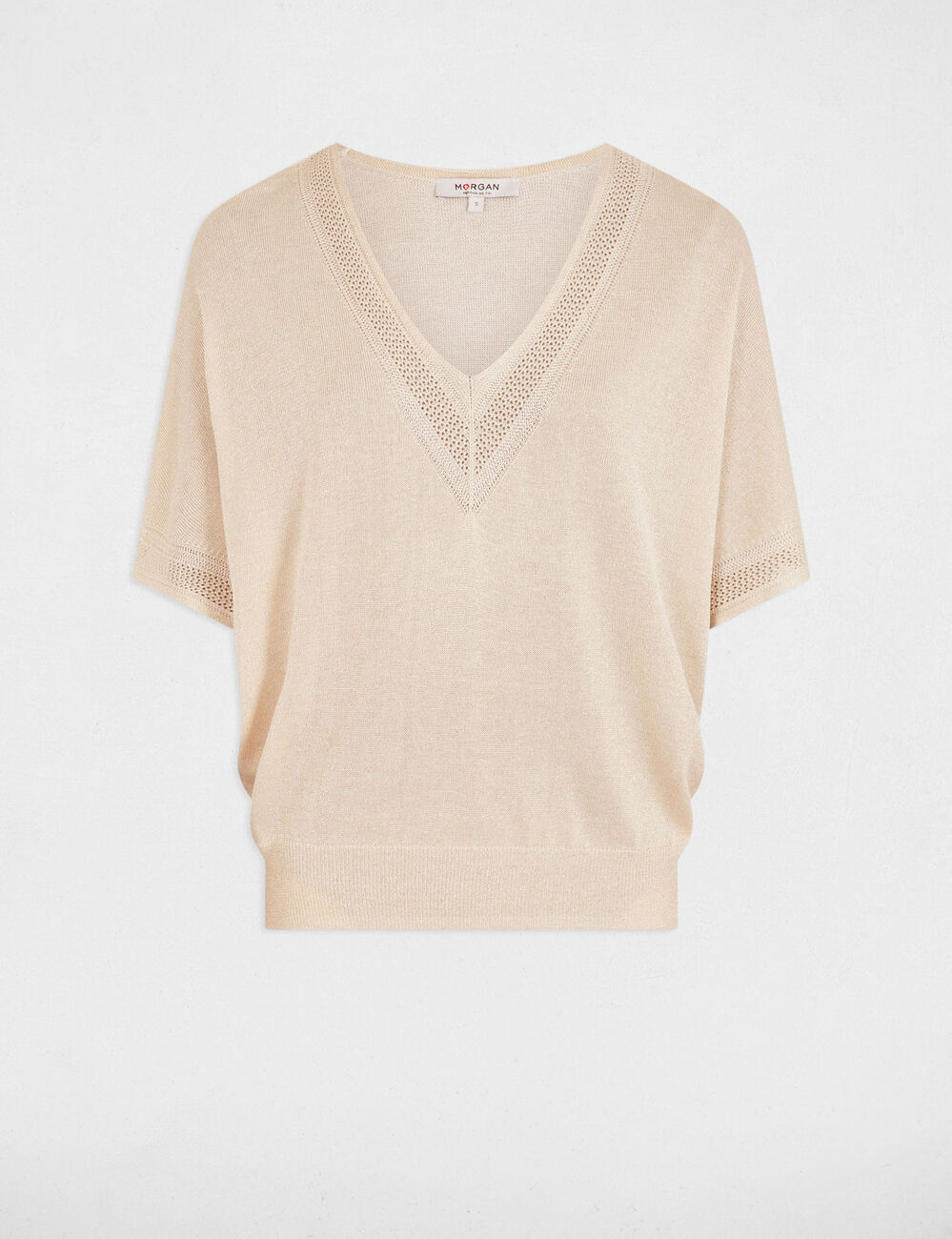 Jersey escote en V manga corta marfil mujer
