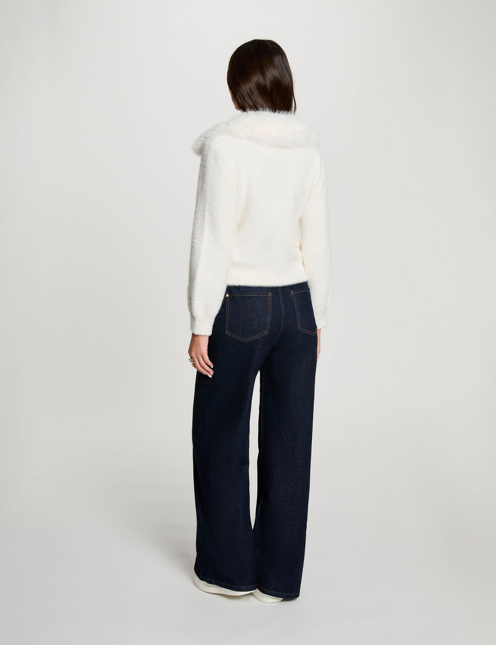 Chaqueta con cuello de piel marfil mujer