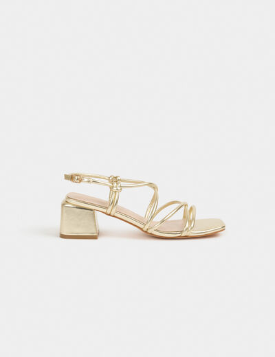 Sandalias de tacón cuadrado dorado mujer