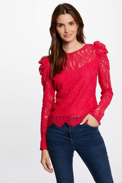 Camiseta manga larga con encaje fucsia mujer