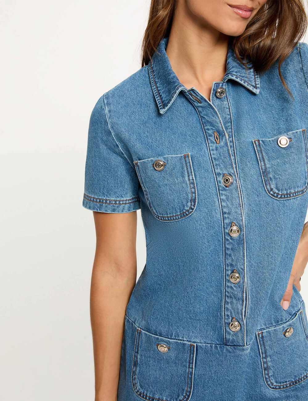 Vestido corto recto denim doble stone mujer