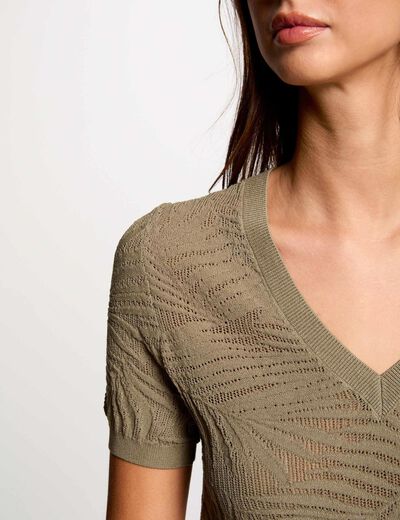 Jersey calado manga corta verde caqui mujer