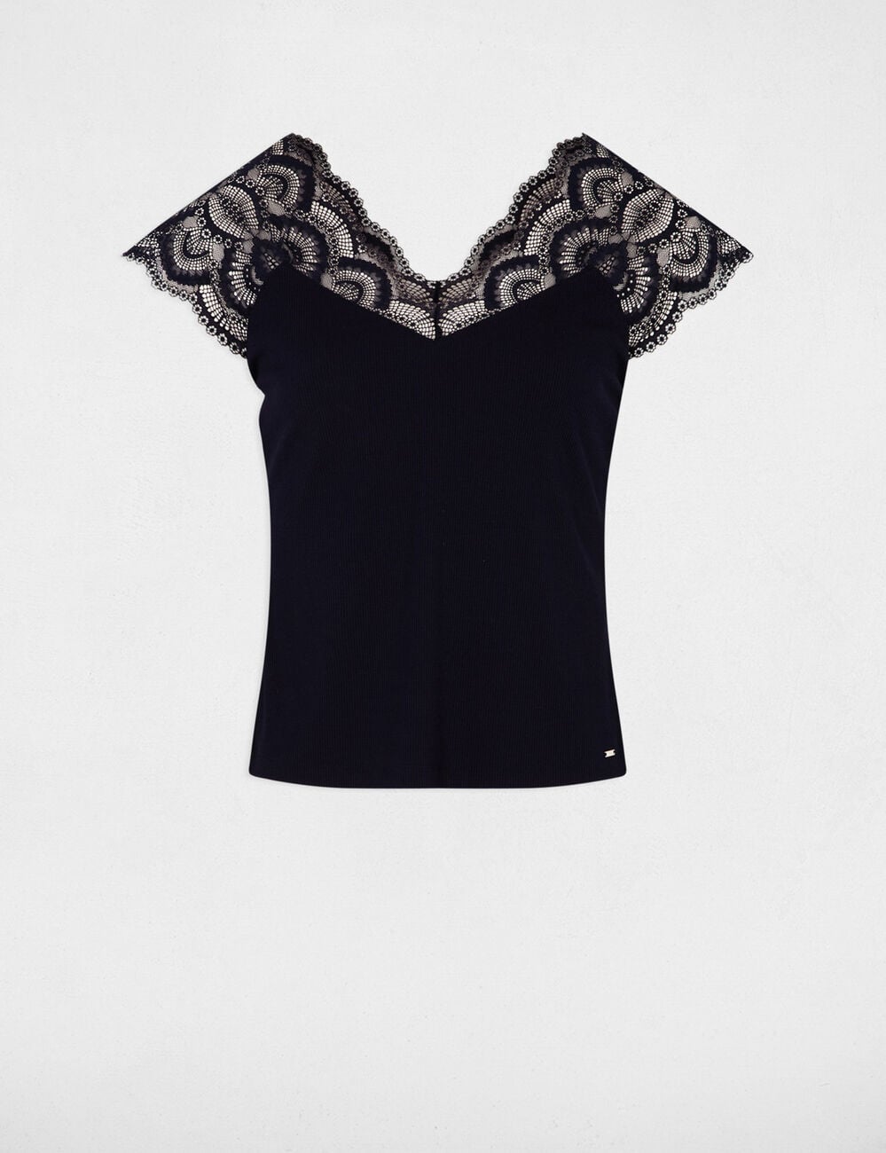 Camiseta de encaje con cuello en v azul marino mujer