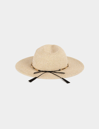 Sombrero trenzado con cadena beige mujer