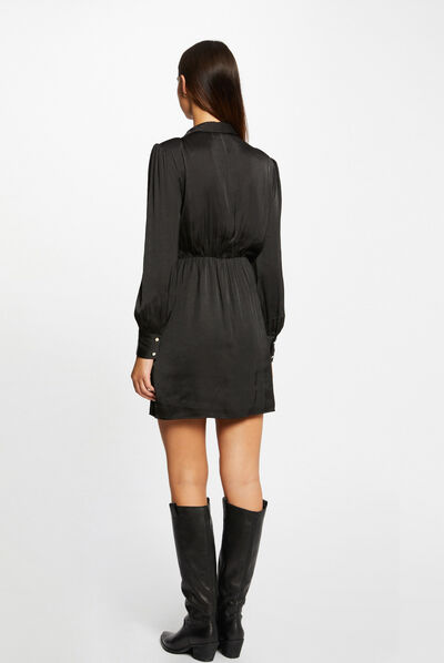 Vestido recto drapeado satinado negro mujer