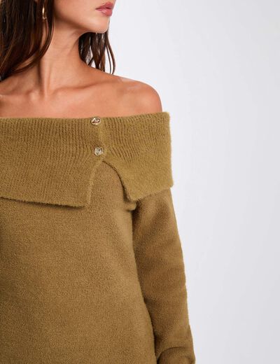 Vestido de punto con cuello bardot c&aacute;mel mujer