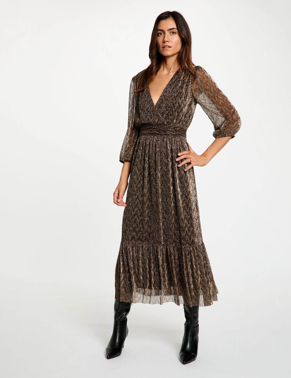 Vestido largo plisado color bronce mujer