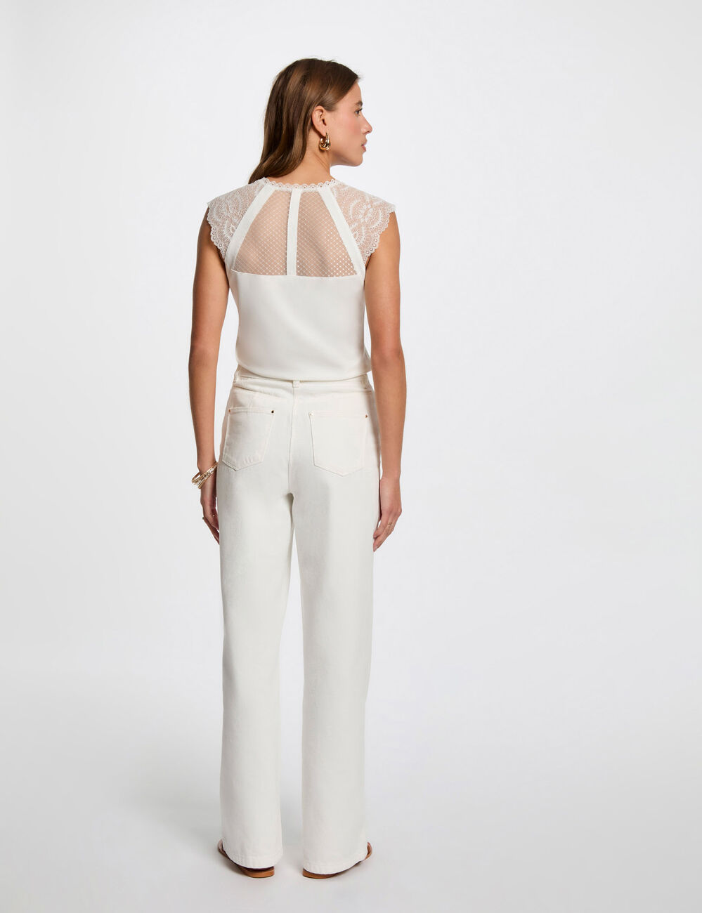 Camiseta de encaje con cuello en v blanco mujer