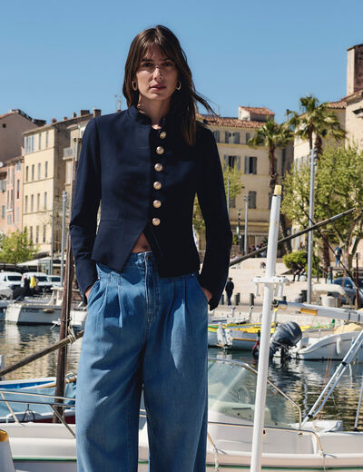 Chaqueta corta con cuello mao azul marino mujer