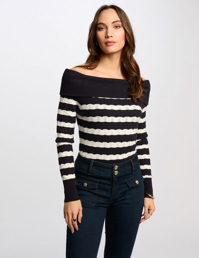 Jersey cuello bardot y rayas azul marino mujer