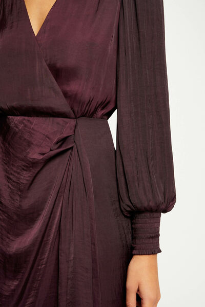 Vestido entallado drapeado de satén ciruela mujer