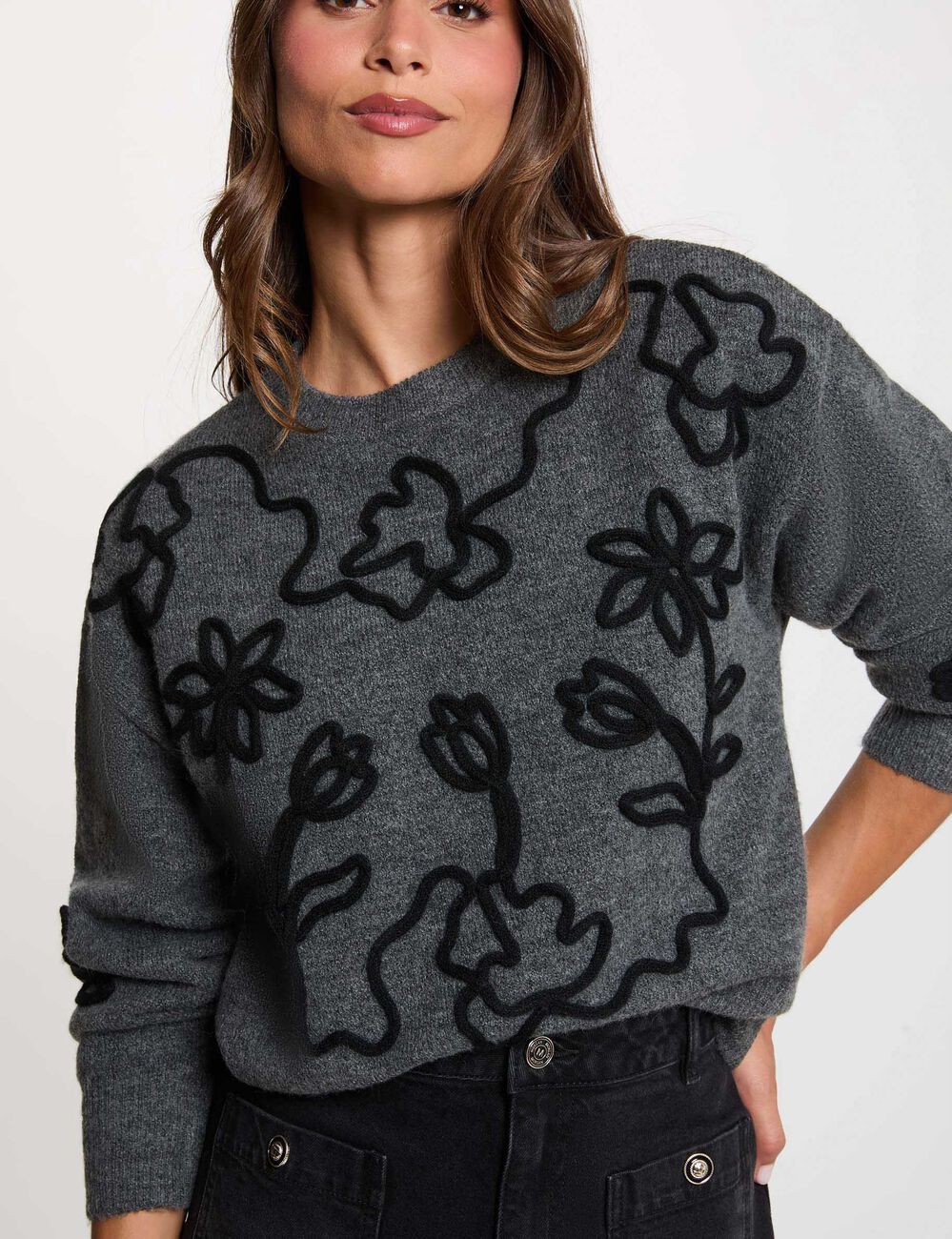Jersey de cuello redondo fantas&iacute;a gris oscuro mujer