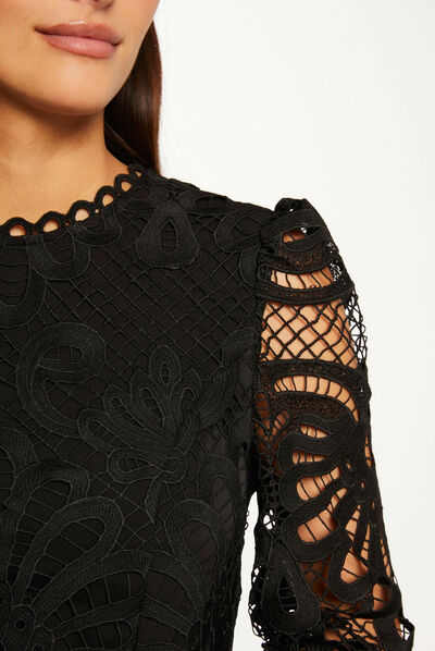 Vestido evasé de encaje con volantes negro mujer
