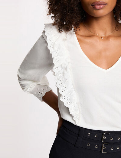 Camiseta bordada cuello en v blanco mujer