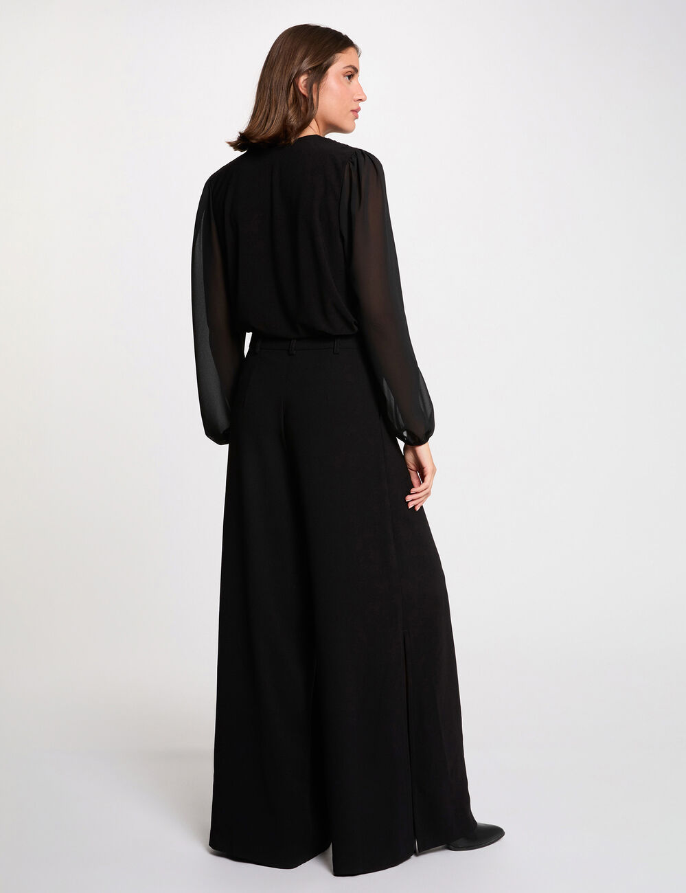 Camiseta de voile con cuello lazada negro mujer
