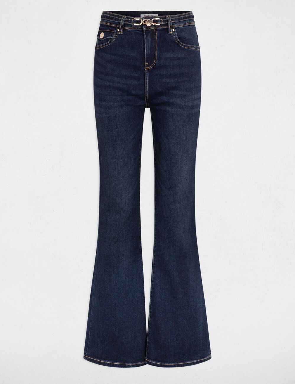 Vaquero flare talle alto denim crudo mujer
