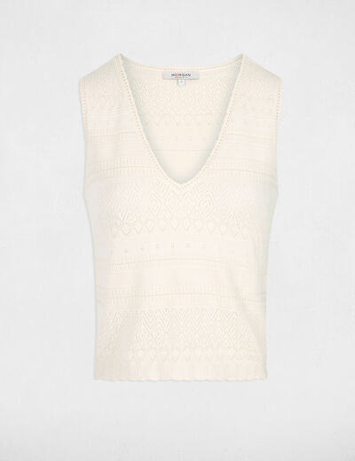 Top punto escote en V marfil mujer