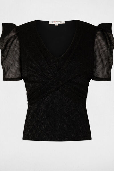 Camiseta manga corta hilos metalizados negro mujer