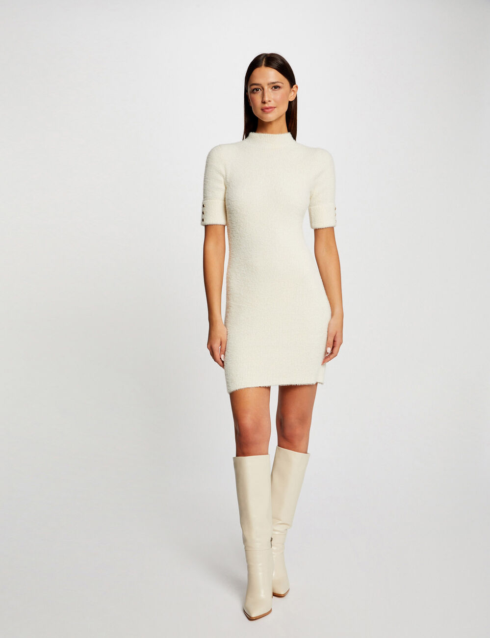 Vestido de punto ajustado manga corta marfil mujer