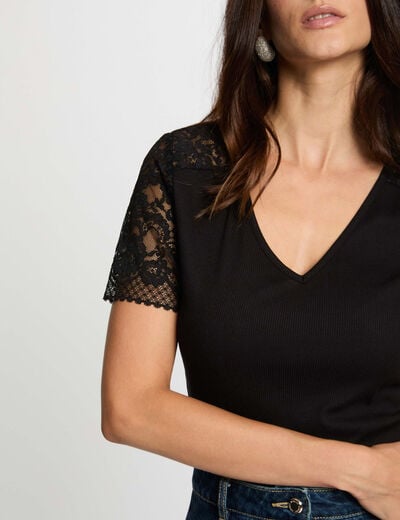 Camiseta de encaje con cuello en V negro mujer