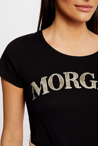 Camiseta de manga corta con mensaje negro mujer