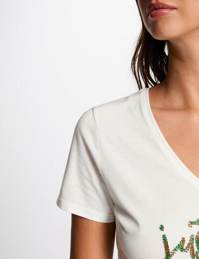 Camiseta mensaje y perlas crudo mujer