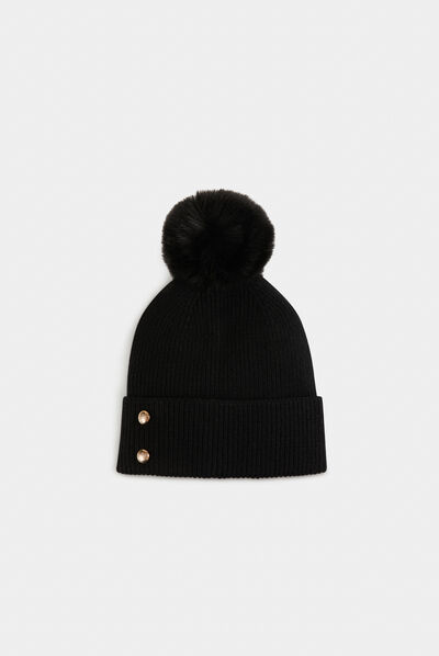 Gorro con botones y pompón negro mujer